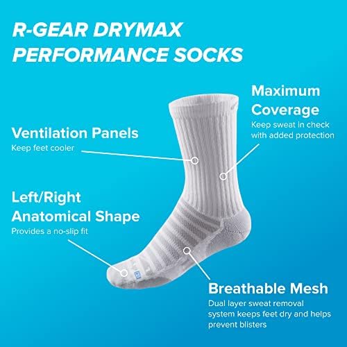 R-Gear Drymax Crew Gocks לגברים ונשים, כרית קלה | נשימה, בקרת לחות ואנטי שלפוחית ​​| מ ', לבן, 3 חבילה